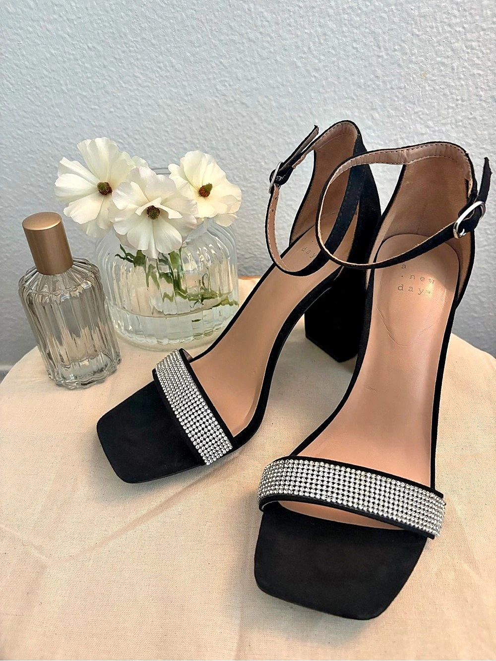 A New Day Shannon Heels Black Rhinestone Ankle Strap Like New